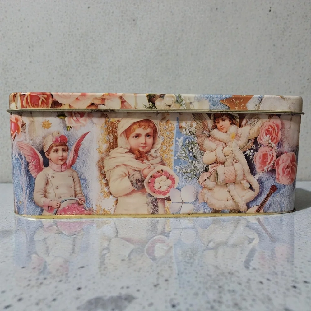 Vtg Winter Rose Metal Tin Box Container Angels Cherubs Mandolin Christmas